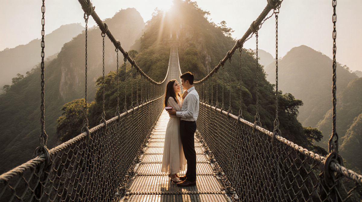 Onnie Jules Martinez kneeling with ring box in hand while girlfriend embraces him on bamboo bridge