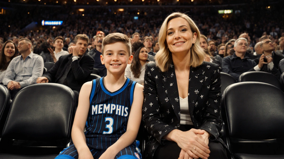 Rosamund Pike and son Atom watching Memphis Grizzlies courtside with NBA jerseys and arena crowd