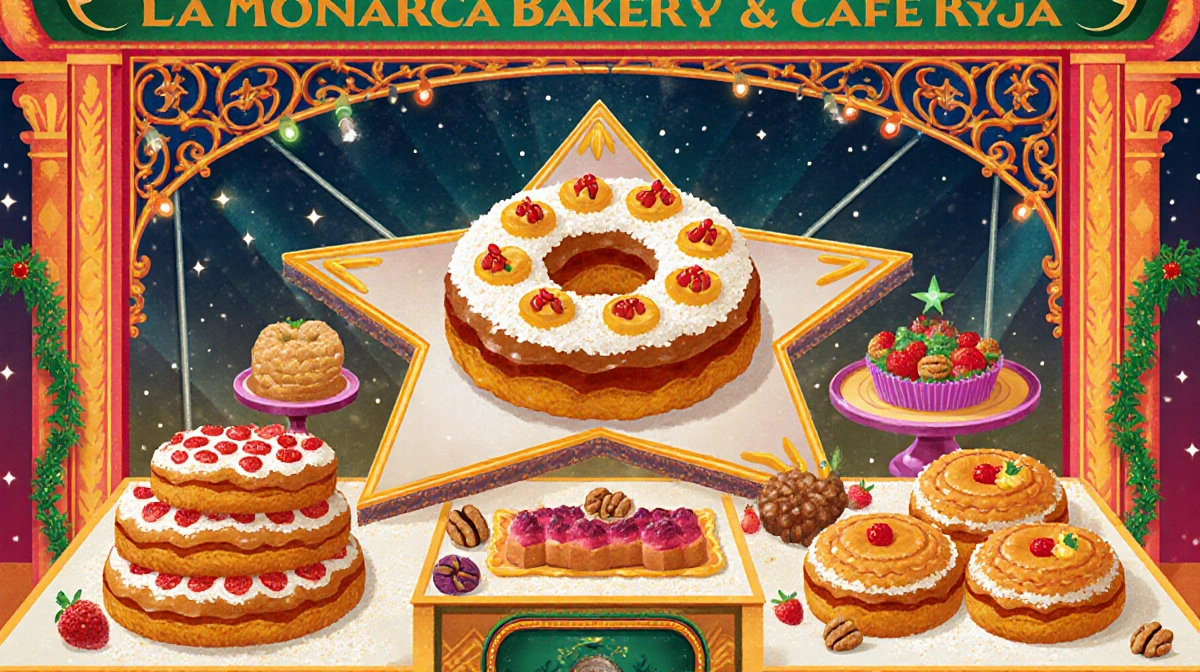 Bakery storefront display featuring star-shaped Rosca de Reyes with colorful confections and twinkling holiday lights