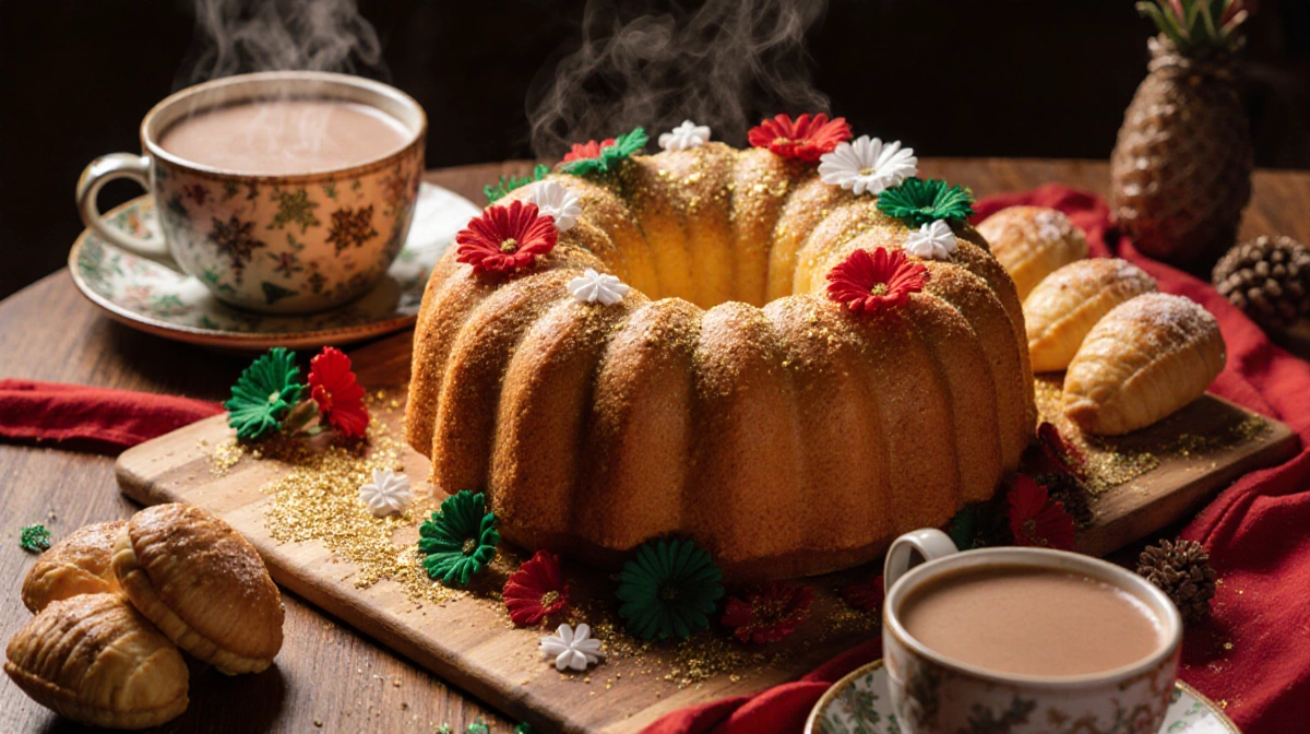 Rosca de Reyes cake sits center of table with festive conchas and steaming hot chocolate