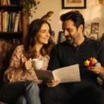 Rose Byrne and Bobby Cannavale share a cozy moment on their wooden couch with coffee and family photos showing their warm hom