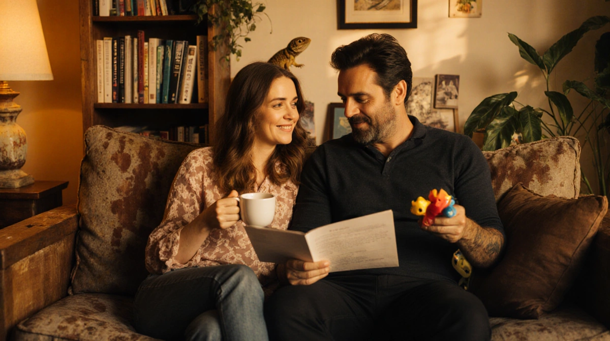 Rose Byrne and Bobby Cannavale share a cozy moment on their wooden couch with coffee and family photos showing their warm hom