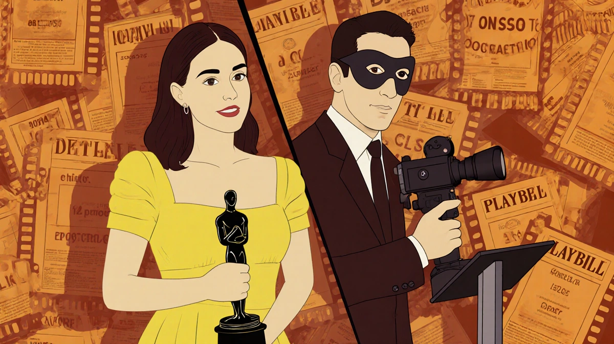 Rose Byrne holding an Oscar with Bobby Cannavale wearing theater mask in split screen showing film and stage careers