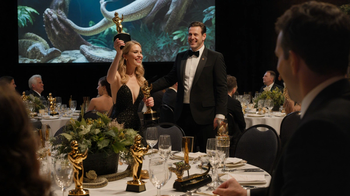 Rose Byrne holding Golden Globe award with empty chair beside her and reptile decorations visible through window