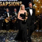 Rose Byrne holds her Golden Globe trophy with confetti falling and a congratulations banner behind her