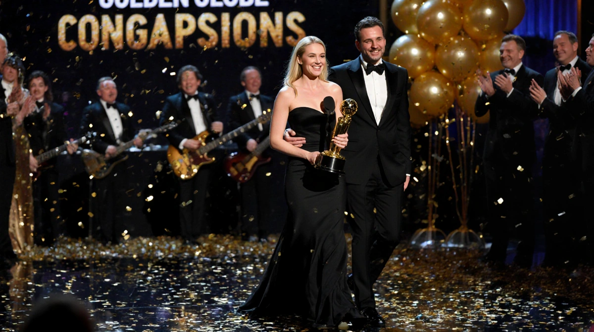 Rose Byrne holds her Golden Globe trophy with confetti falling and a congratulations banner behind her