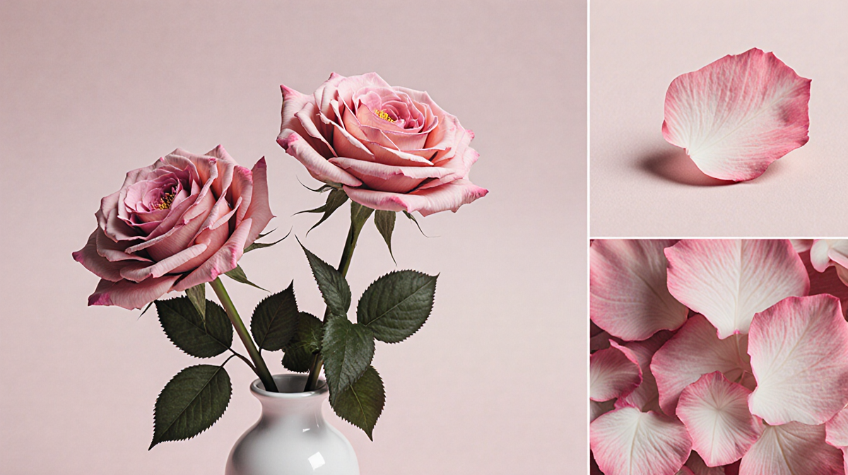 Two roses bloom in a white vase with soft pastel light for a Valentine's Day charm.