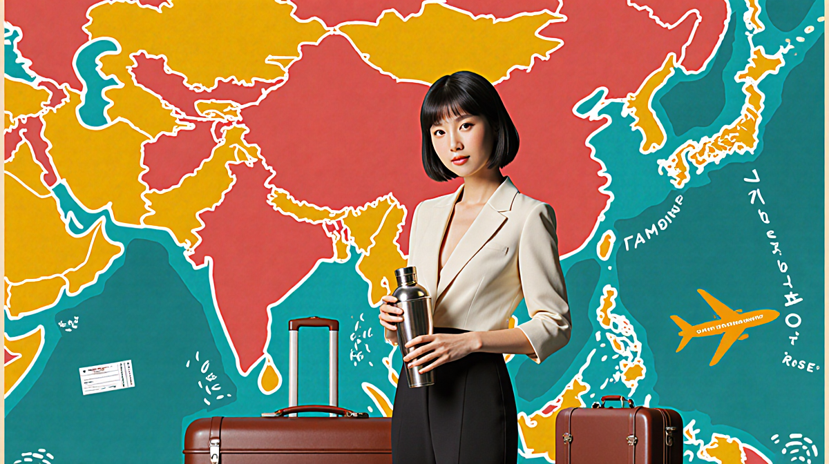 Rosé stirring a cocktail shaker with stylish Korean fashion and a colorful vintage travel poster in the background