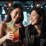 Rosé and Alex Cooper hold a colorful Korean cocktail in a dimly-lit bar with Grammy stage reflections.