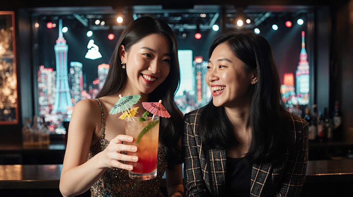 Rosé and Alex Cooper hold a colorful Korean cocktail in a dimly-lit bar with Grammy stage reflections.