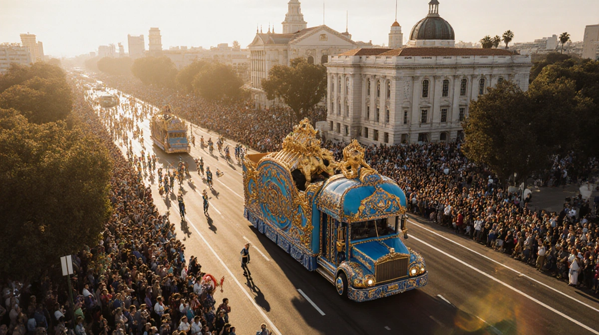 Rose Parade float Belonging glides past Pasadena landmarks with blue and gold design glowing in golden light