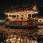 Rose Parade float reflecting vibrant petals in flooded Los Angeles street with glowing string lights.