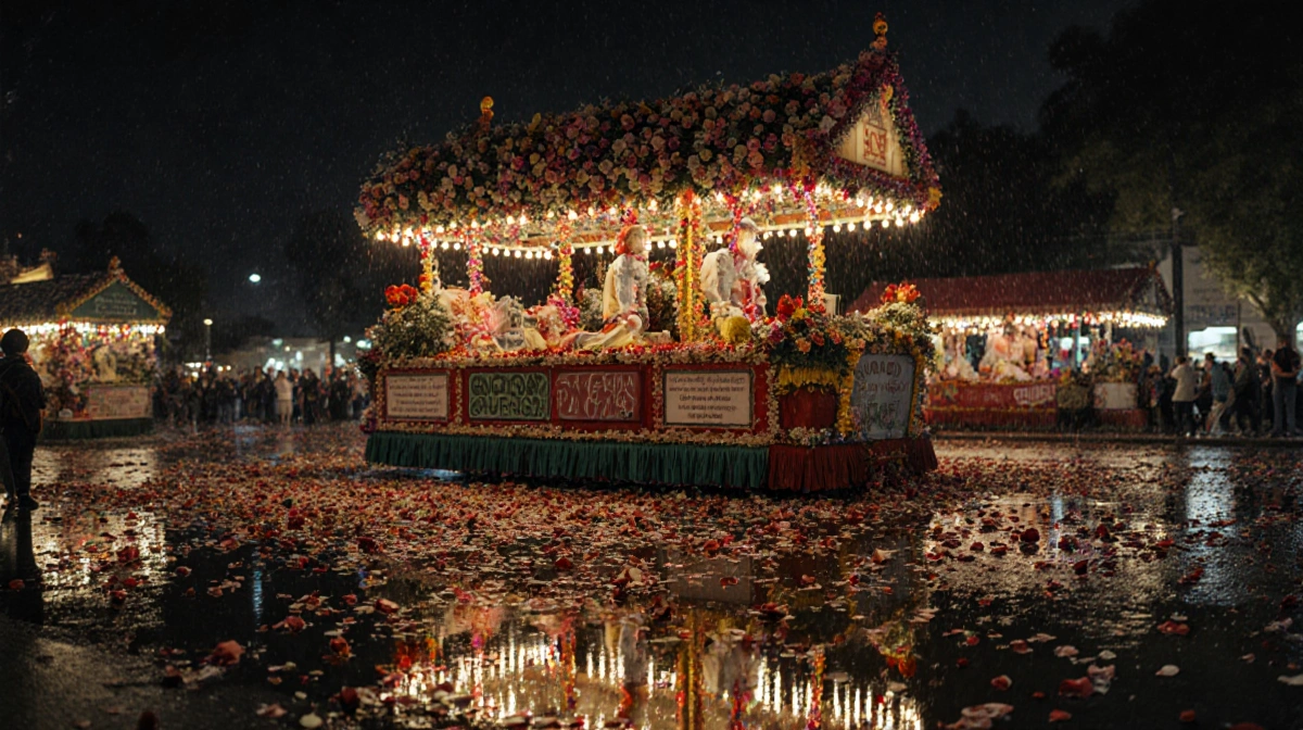 Rose Parade float reflecting vibrant petals in flooded Los Angeles street with glowing string lights.
