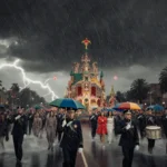 Rose Parade floats and marching bands navigate heavy rain with bright umbrellas and thunderous drums