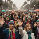 Spectators at the Rose Parade wave smiles in rain-soaked attire with colorful umbrellas and bright outfits