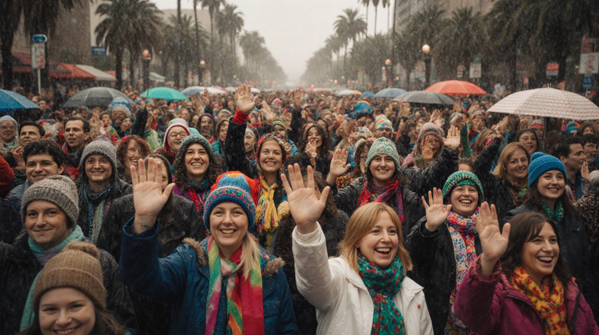 Spectators at the Rose Parade wave smiles in rain-soaked attire with colorful umbrellas and bright outfits