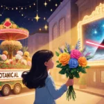 Young girl holding bouquet watches Star Wars on screen with Rose Parade float passing nearby and warm golden festive lights.