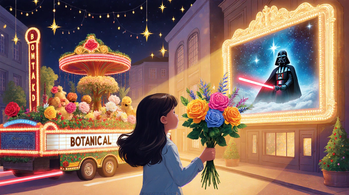 Young girl holding bouquet watches Star Wars on screen with Rose Parade float passing nearby and warm golden festive lights.
