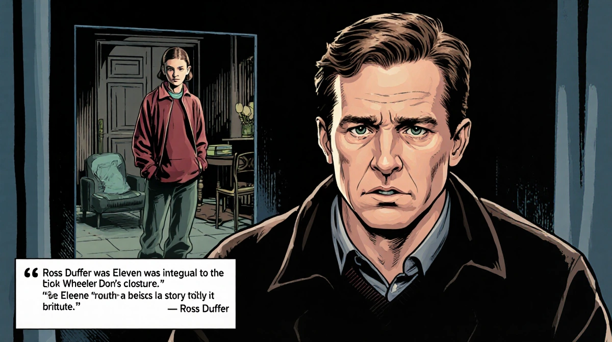 Ross Duffer speaking at a panel with split-screen of Eleven and empty chair and a quote about her death.