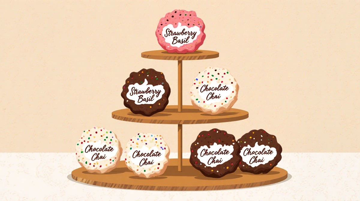 Six labeled gourmet cookies rotate on a tiered stand with six plain cookies beside them against a beige bakery counter backgr