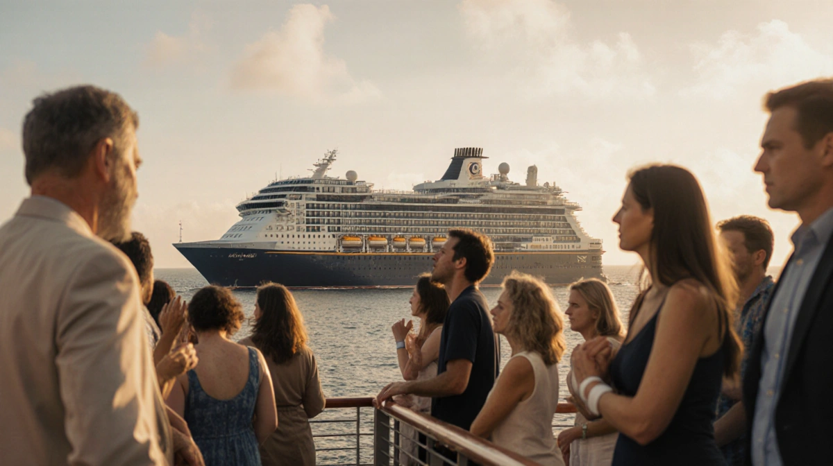 The Rotterdam cruise ship approaches Fort Lauderdale with sick passengers leaning on rails and holding stomachs showing norov