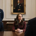Prince William and Kate Middleton seated in courtroom with Prince Harry standing behind them and King Charles portrait on wal