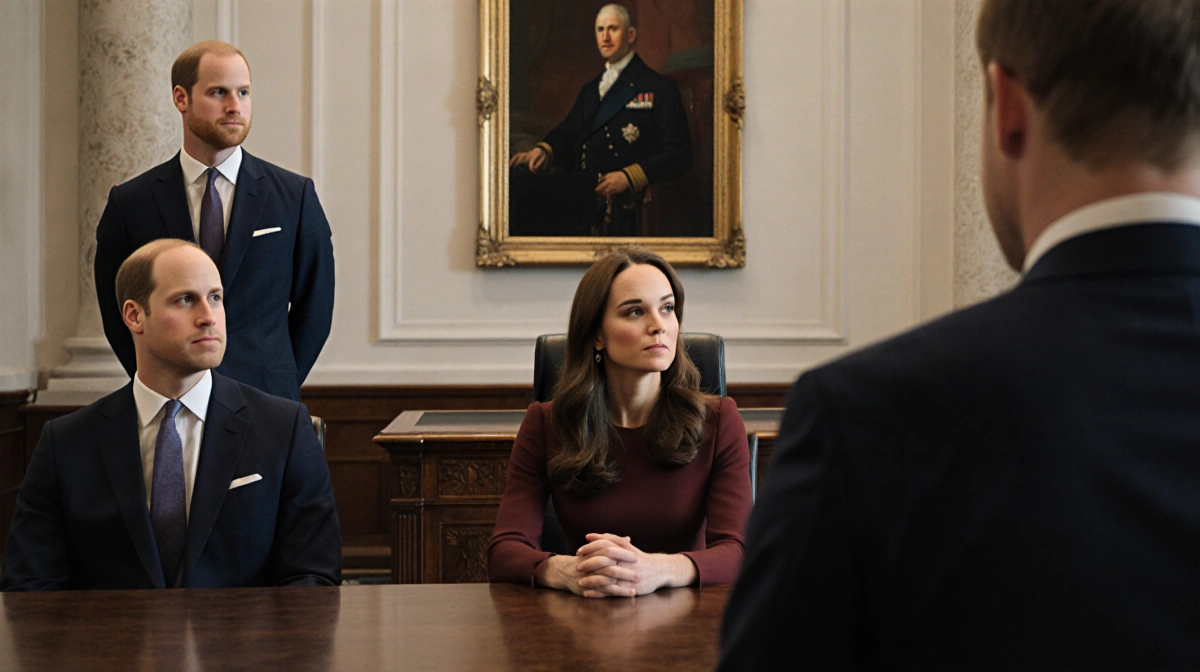 Prince William and Kate Middleton seated in courtroom with Prince Harry standing behind them and King Charles portrait on wal