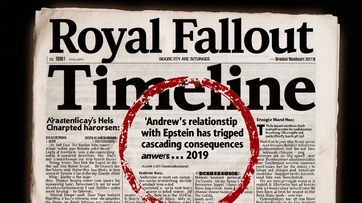 British tabloid newspaper shows Royal Fallout Timeline headline with red circle highlighting Andrew's Epstein relationship an