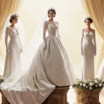 Five royal wedding dresses stand on ornate pedestals with Princess Diana