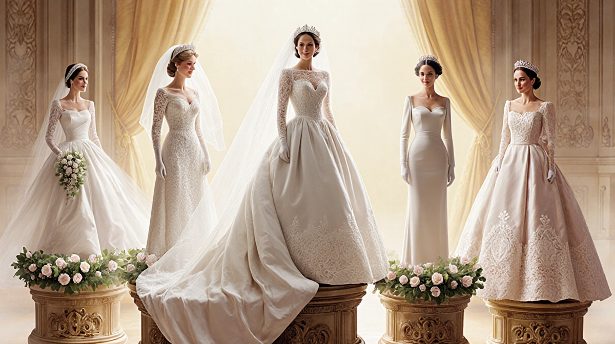 Five royal wedding dresses stand on ornate pedestals with Princess Diana
