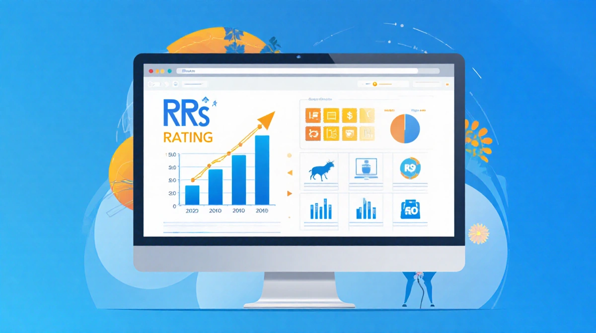 Computer screen showing RS Rating score of 85 with growth charts and performance metrics in bold colors