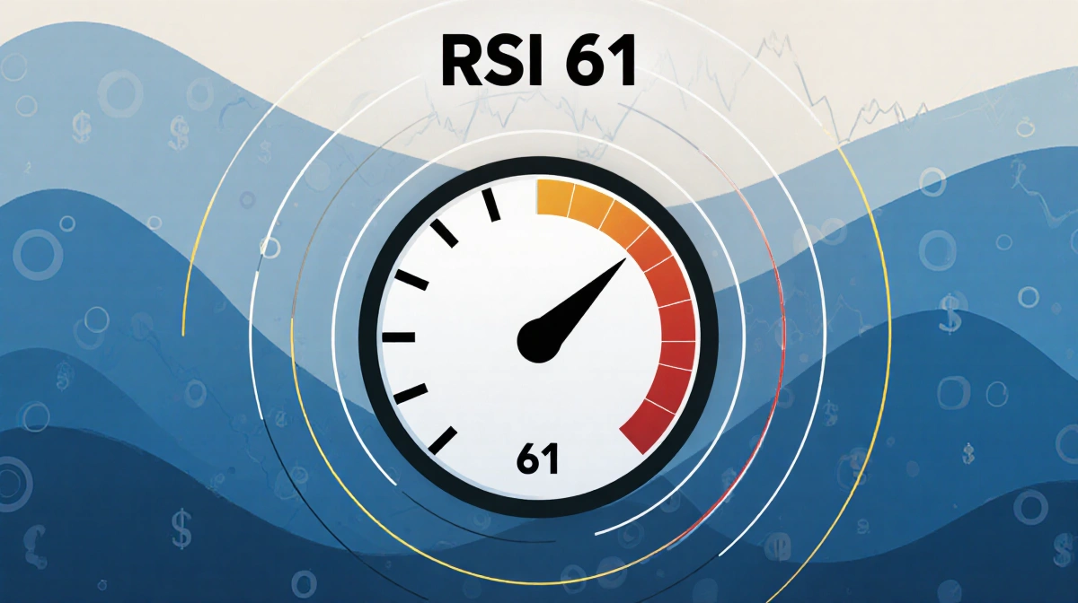 RSI gauge needle pointing at 61 with concentric circles and volatility waves showing market momentum