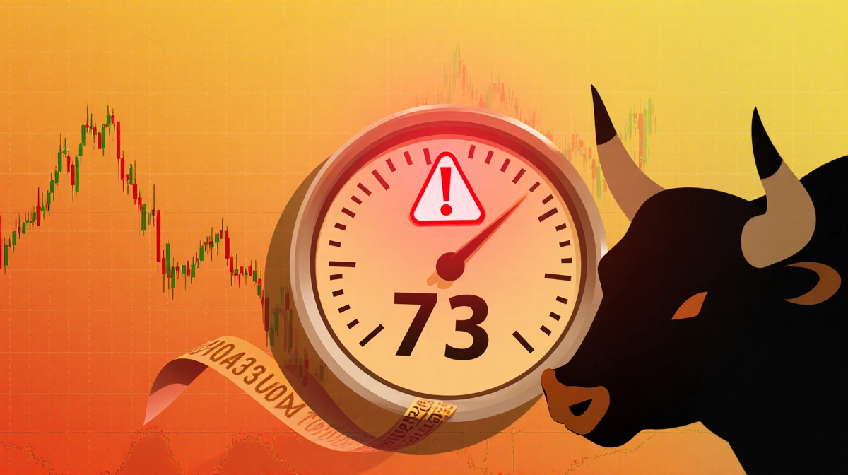 RSI gauge showing red alert at 73 with bull's head and orange-yellow warning background