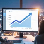 Business team reviews RSR upgrade chart on large screen with city skyline in background