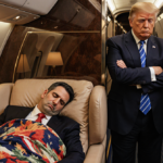 Marco Rubio sleeping on Air Force One couch with blanket as President Trump watches from doorway with crossed arms