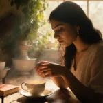 Ruby Bhogal sits at rustic table with tea cup and vintage baking utensils near window light
