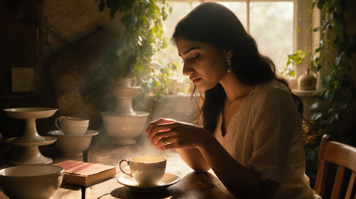 Ruby Bhogal sits at rustic table with tea cup and vintage baking utensils near window light