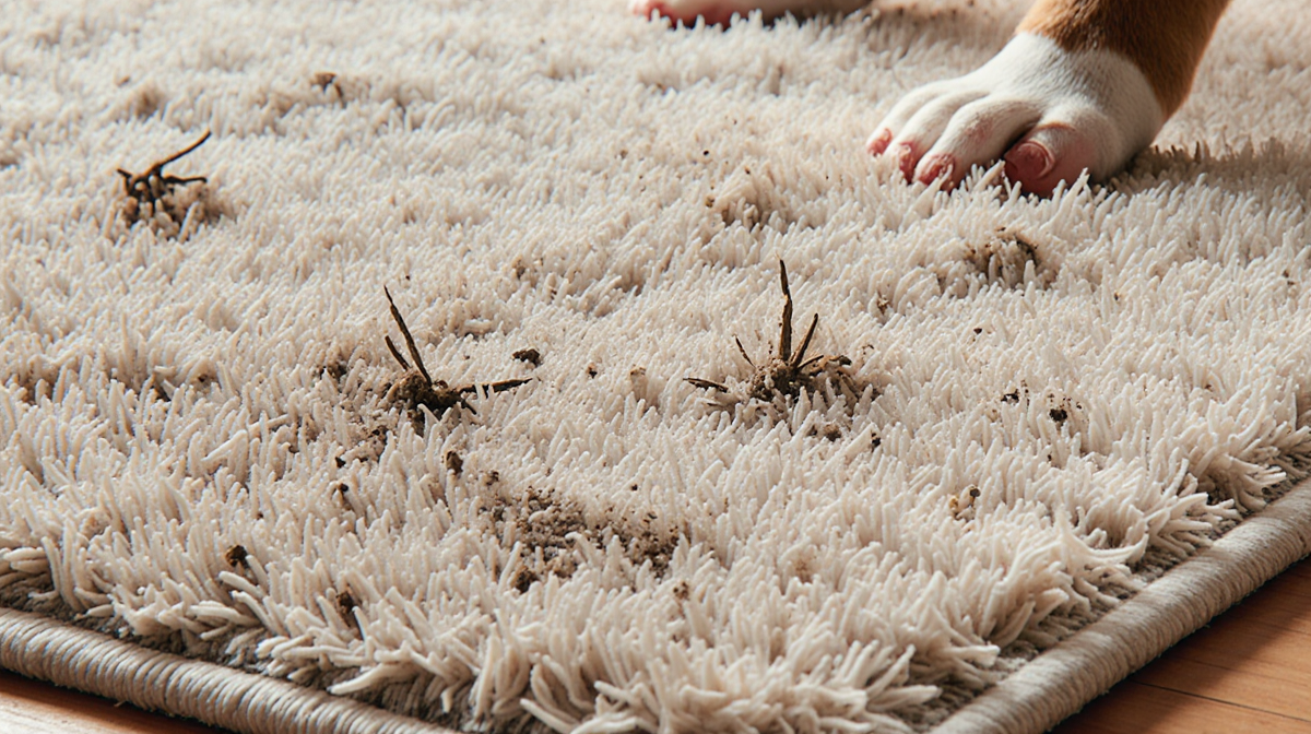 Rug fibers appear plush under warm light with dirt particles showing durable pet-friendly texture