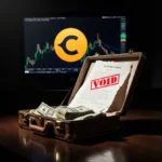 Dimly lit trading floor shows flickering Coinbase screen with open briefcase of cash and voided contract