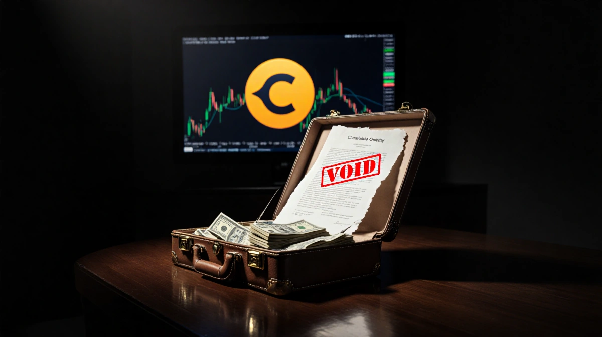 Dimly lit trading floor shows flickering Coinbase screen with open briefcase of cash and voided contract