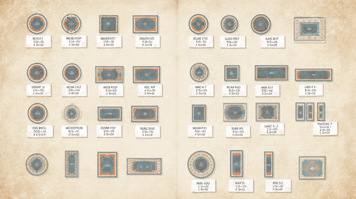 Rug catalog page shows fourteen size icons with round square and rectangular shapes on vintage textured background
