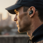 Runner dashes through city streets with Baseus Inspire XC1 earbuds glowing and golden hour light