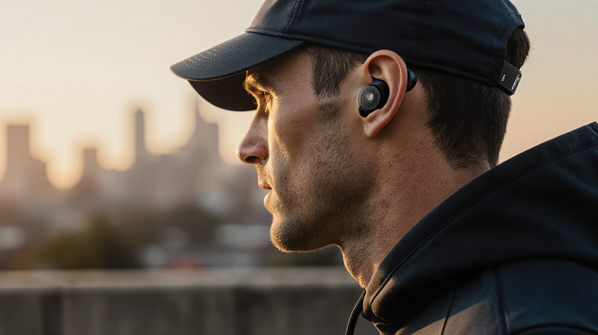 Runner dashes through city streets with Baseus Inspire XC1 earbuds glowing and golden hour light