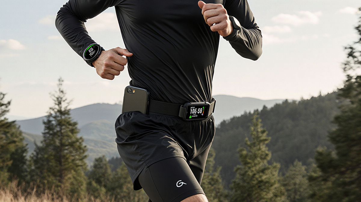 Runner sprinting on a wooded trail with hills while Garmin Venu 4 displays GPS and heart-rate metrics
