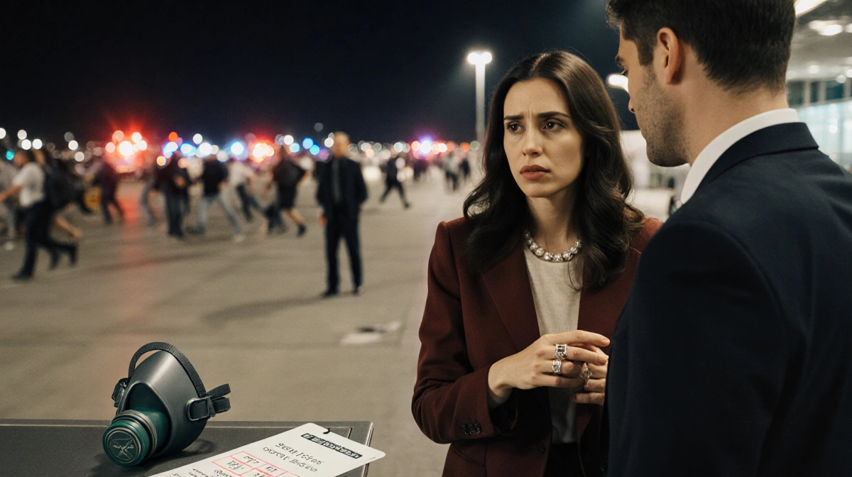 Woman hesitates at airport gate with engagement ring showing while groom waits and police lights flash behind