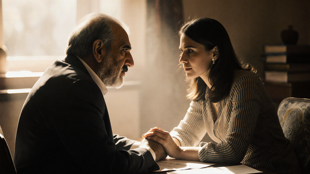 Salman Rushdie and Rachel Eliza Griffiths sit together with clasped hands under warm golden light and books nearby.