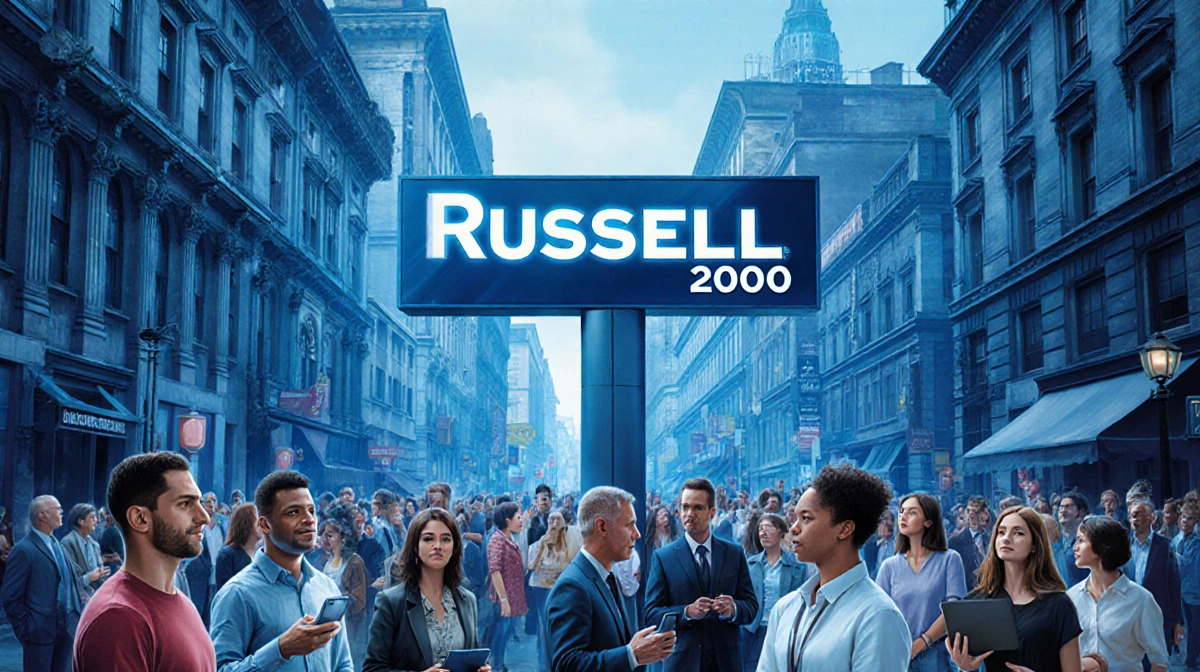 Diverse crowd gathering beneath Russell 2000 sign with historic buildings showing contrast between small-cap and blue-chip st