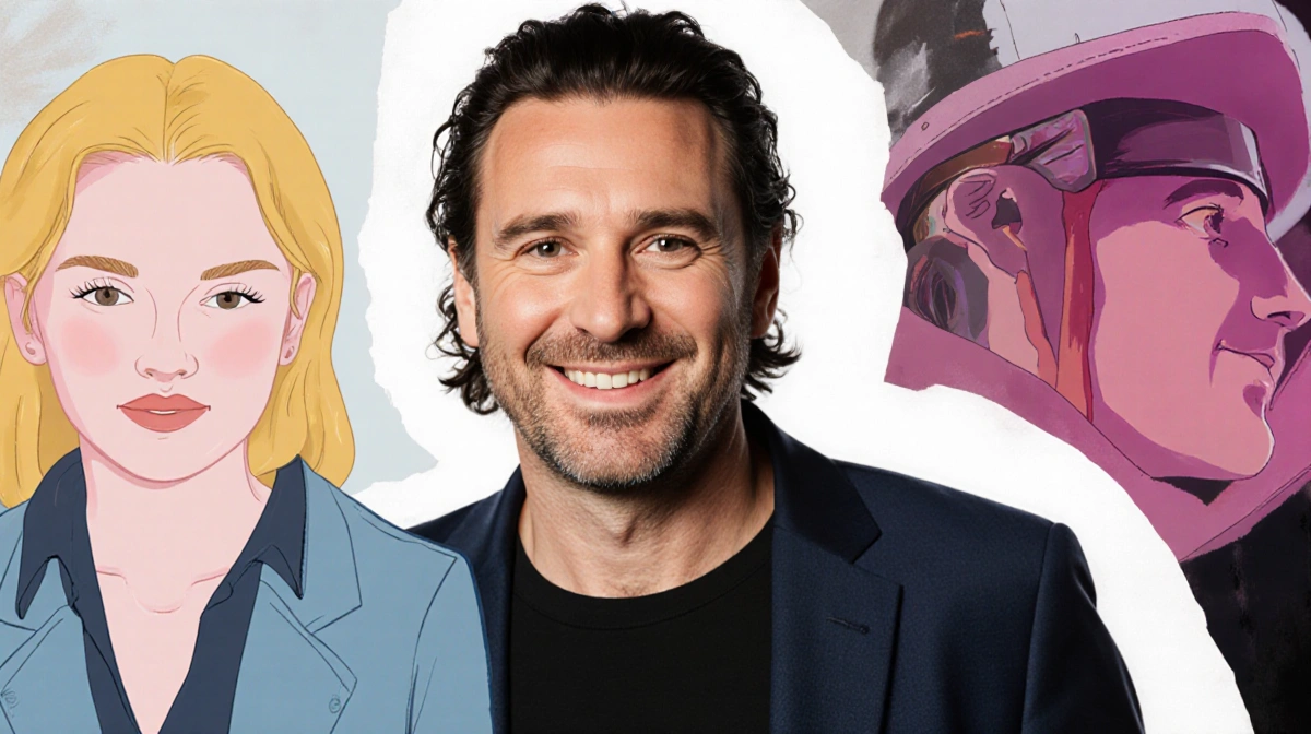 Russell Brand walking through crowd with photographers and media surrounding him