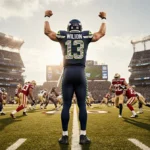 Russell Wilson of the Seahawks raising arms on turf with Lumen Field in background and scattered players