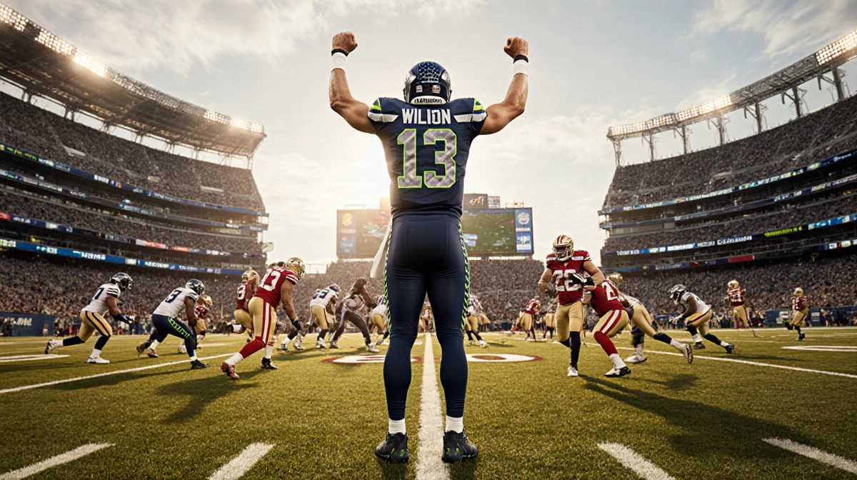 Russell Wilson of the Seahawks raising arms on turf with Lumen Field in background and scattered players